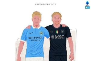 意甲官推晒海报预热那不勒斯vs曼城：过去和现在的德布劳内